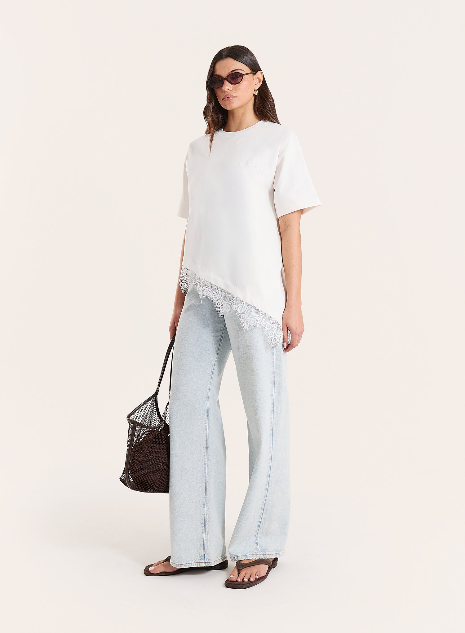 White Asymmetric Lace Hem T-Shirt